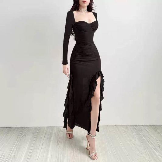 Lolita Ruffled Bodycon Maxi Dress In Black