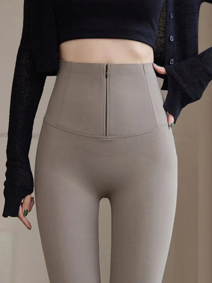 Martha Slimming Premium Fleece Leggings with Buttons In Olive