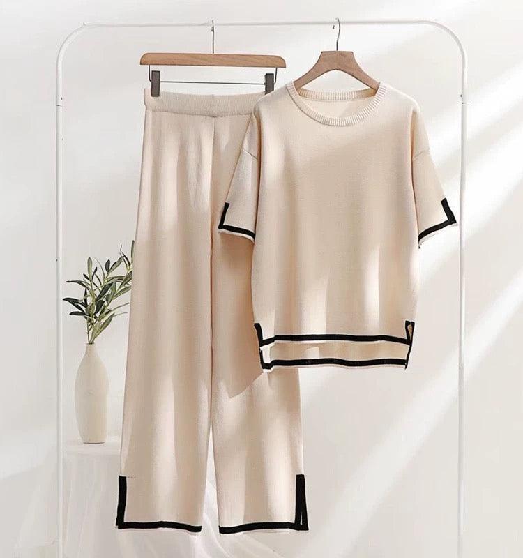 Flexxi Knitted Cotton Co-ord Set In Beige