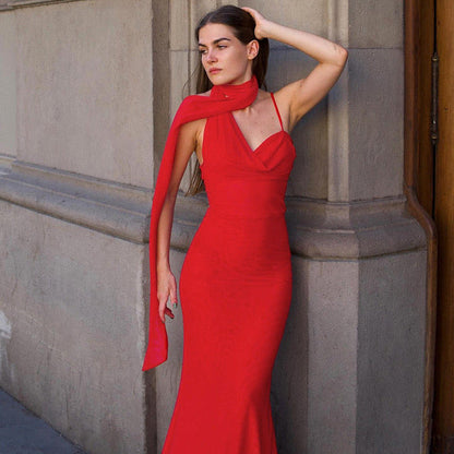 Saddle Statement Bodycon Dress With Attached Scarf In Red