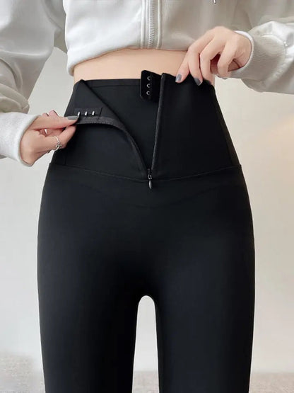Martha Slimming Premium Fleece Leggings with Buttons In Olive