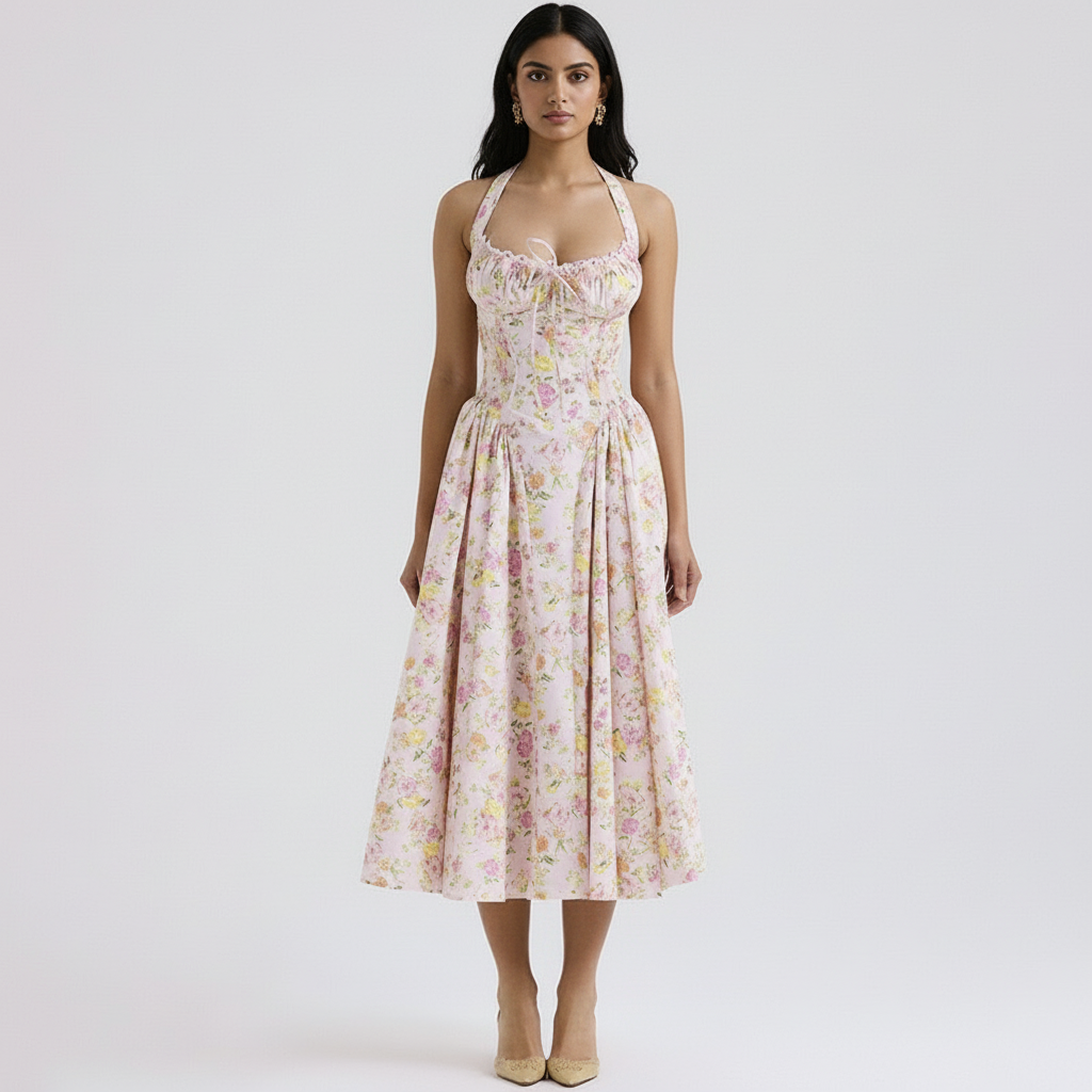 Begonia Floral Midi Dress In Peach