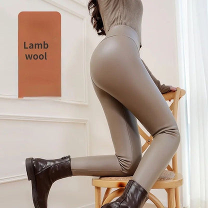 Roy Leather Slimming Premium Fleece Leggings In Brown