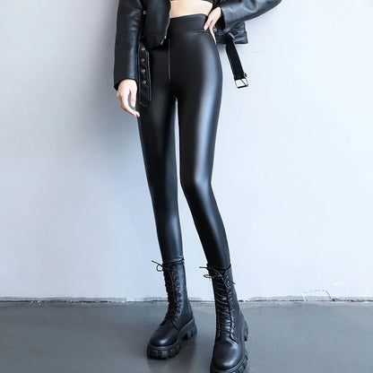 Roy Leather Slimming Premium Fleece Leggings In Brown