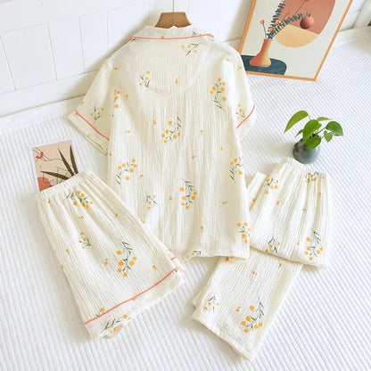 Perry Cotton Nightsuit-Set Of 3 In Beige