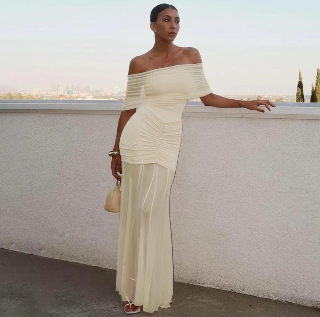 Cosmic Offshoulder Ruched Maxi Dress