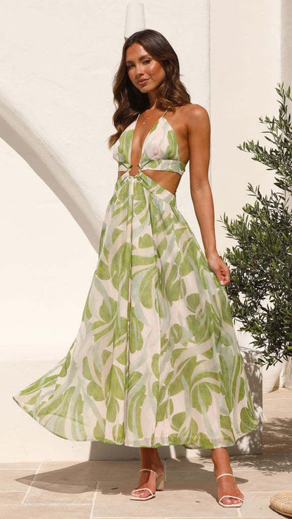 Arabella Floral Summer Maxi Dress In Olive