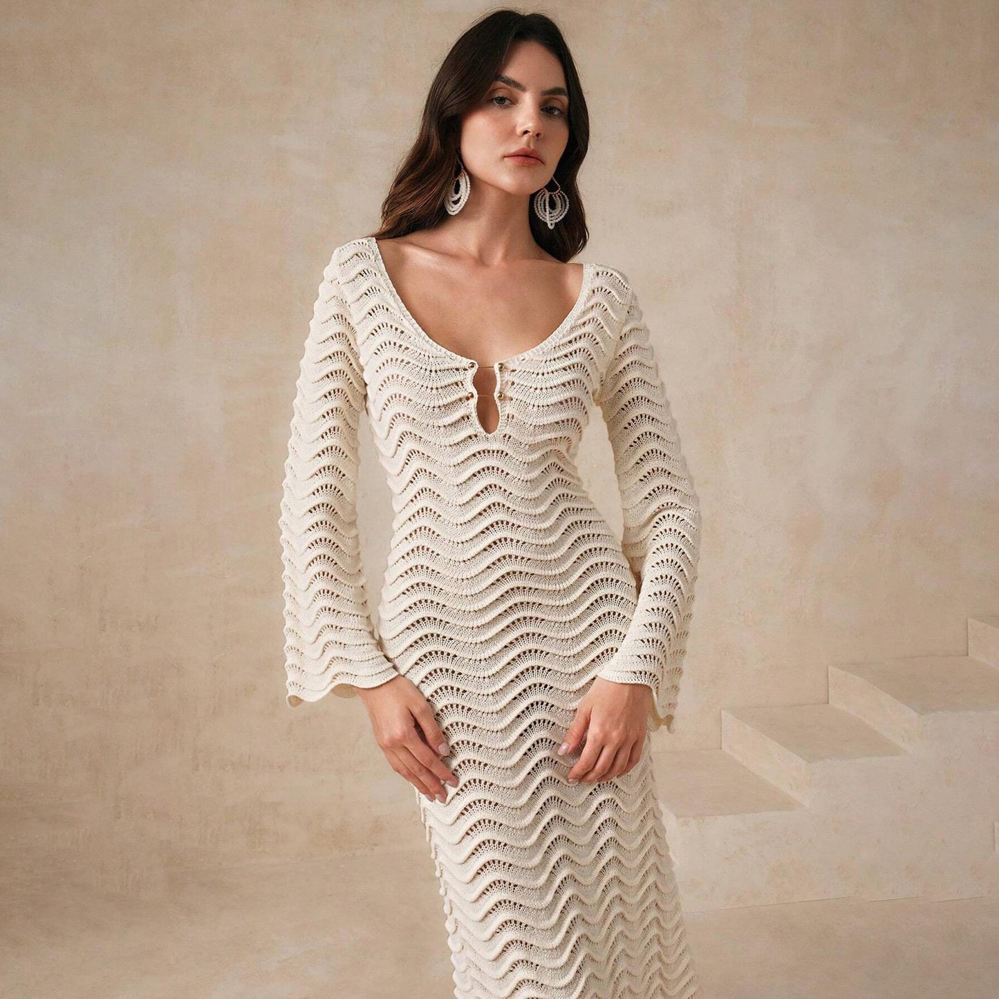 Shirly Luxe Crochet Knit Dress -Resortwear In Beige