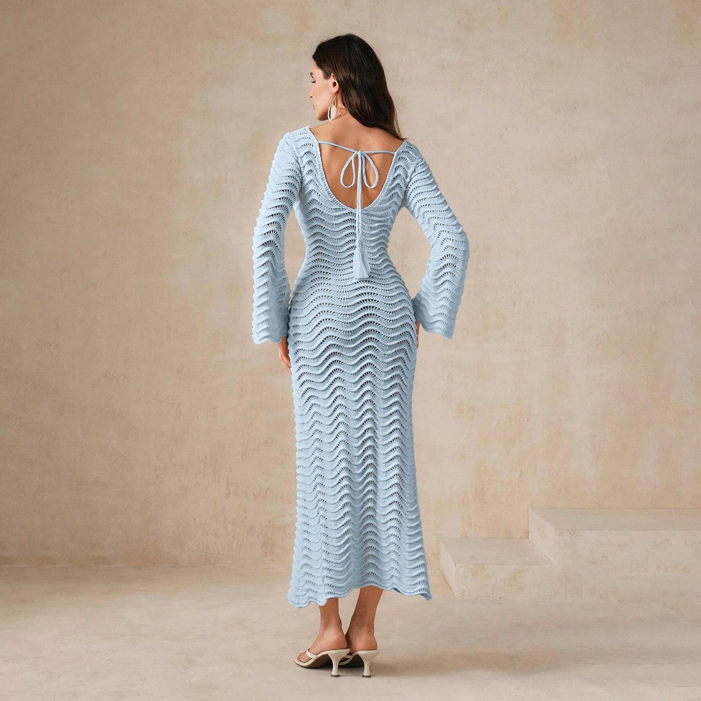 Shirly Luxe Crochet Knit Dress -Resortwear In Ice Blue