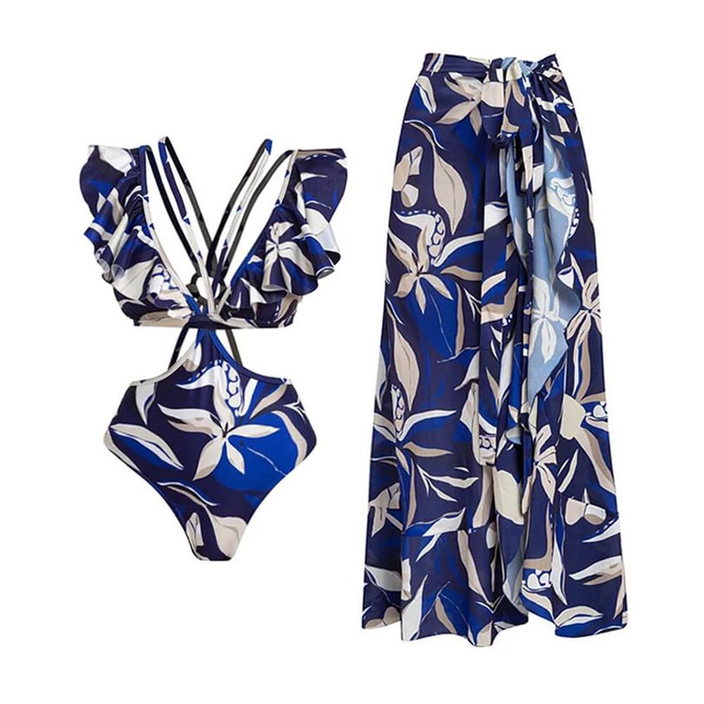Persian Ruffled Swimsuit With Sarong In Navy Blue