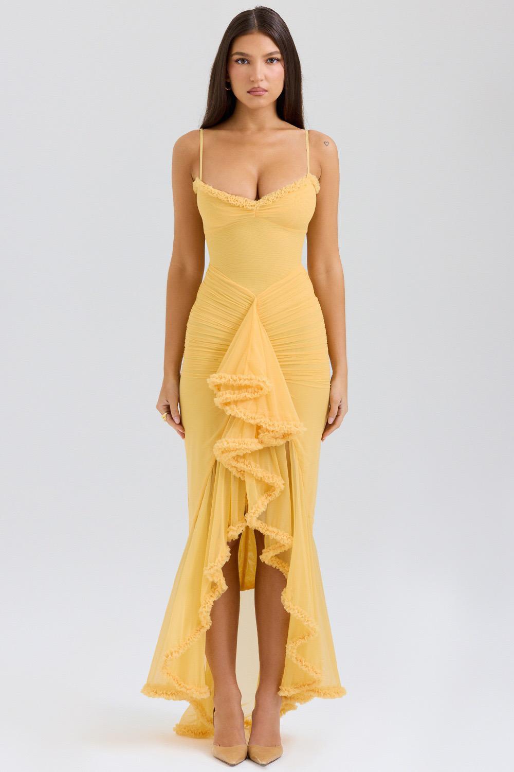 Alana Statement Bodycon Ruffled Dress In Yellow