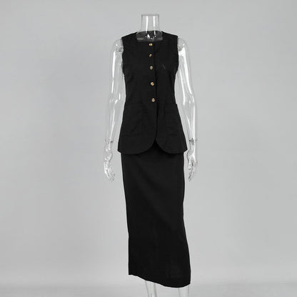 Geneva Statement Linen Vest Suit With Skirt In Black
