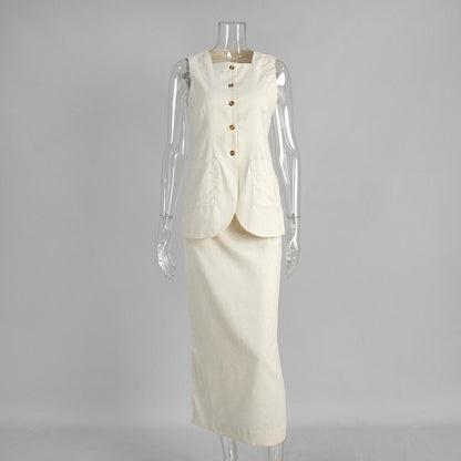 Geneva Statement Linen Vest Suit With Skirt In Beige