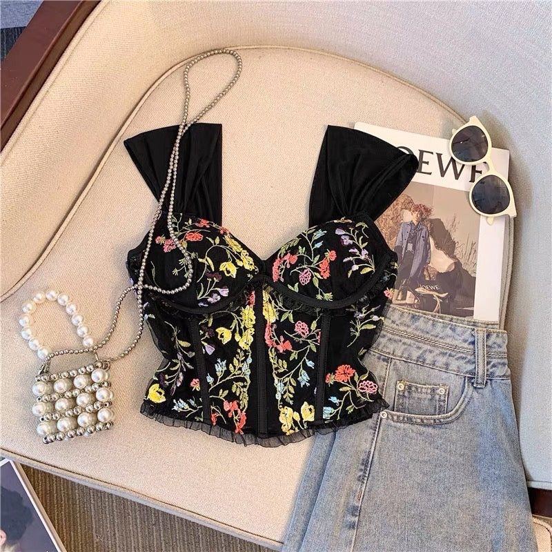 Rosie Embroidered Crop Top In Black