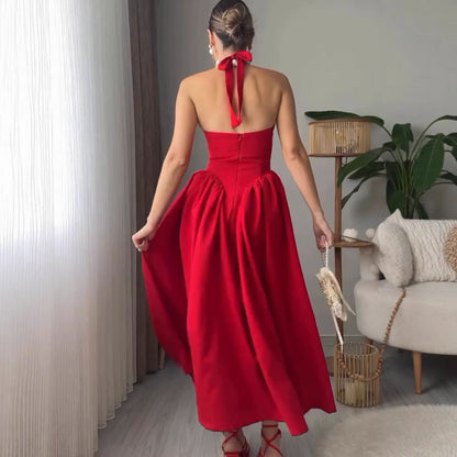 Maira Drop Waist Midi Dress in Red