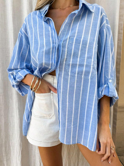 Rilos Striped Cotton Oversized Shirt In Blue