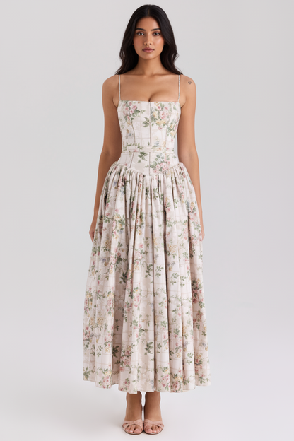 Orchid Luxe Floral Midi Dress In Off Beige