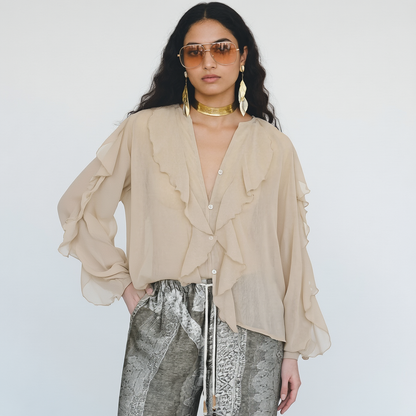 Saga Organza Ruffled Top In Beige