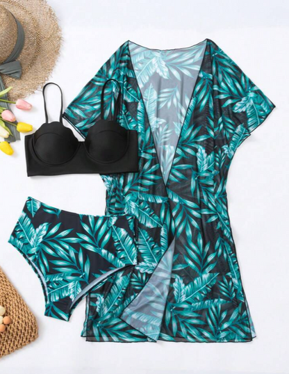 Shay Holiday Bikini Set With Cape In Green