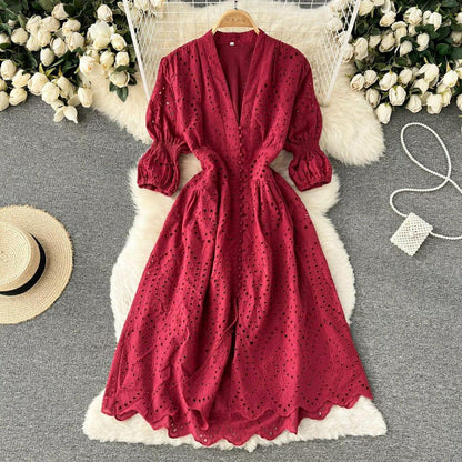 Luna Summer Cotton Eyelet Dress In Red