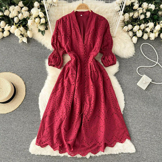 Luna Summer Cotton Eyelet Dress In Red