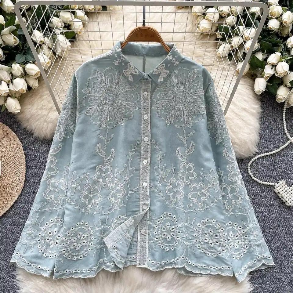 Cevia Premium Embroidered Cotton Shirt In Pista Green