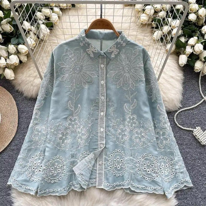 Cevia Premium Embroidered Cotton Shirt In Pista Green