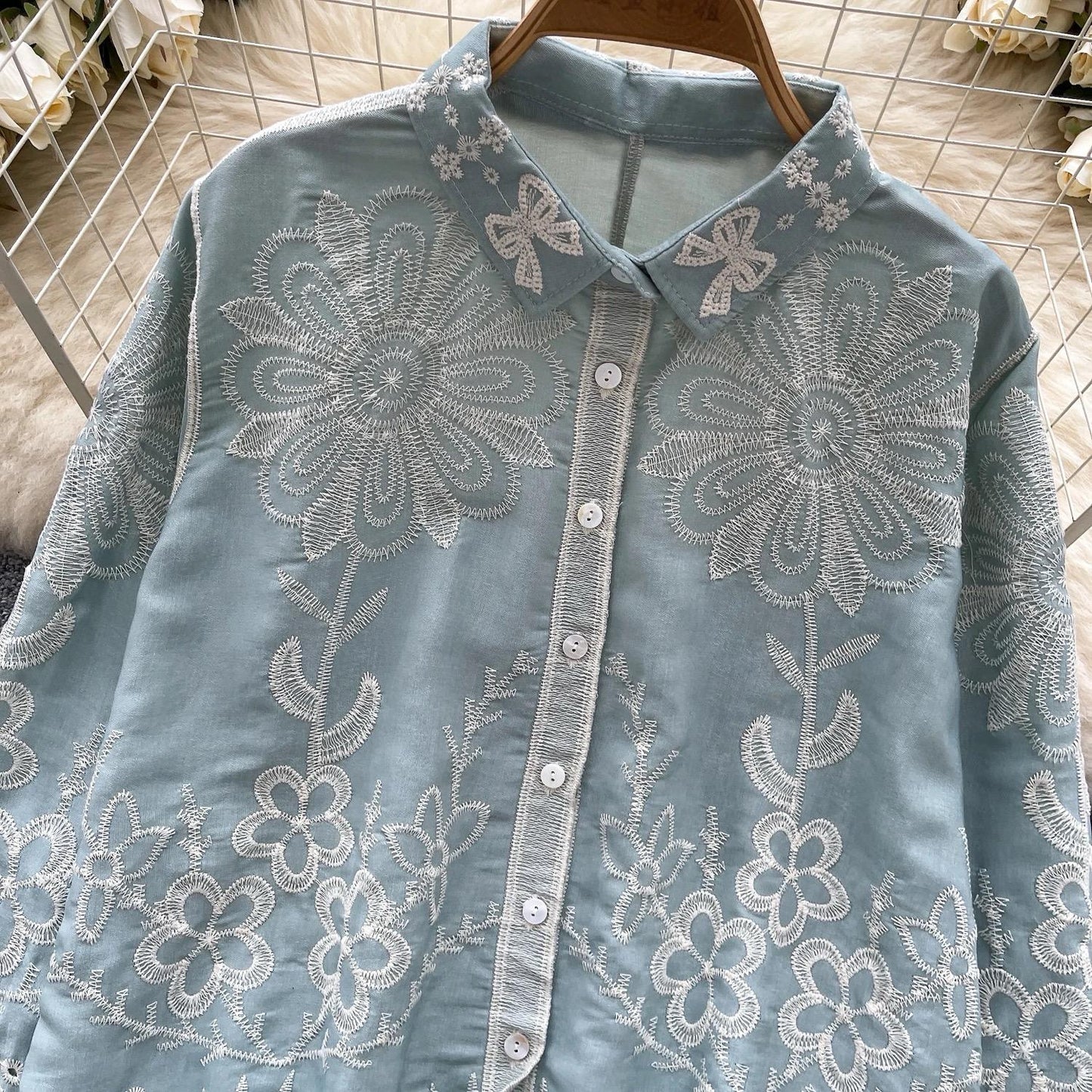 Cevia Premium Embroidered Cotton Shirt In Pista Green
