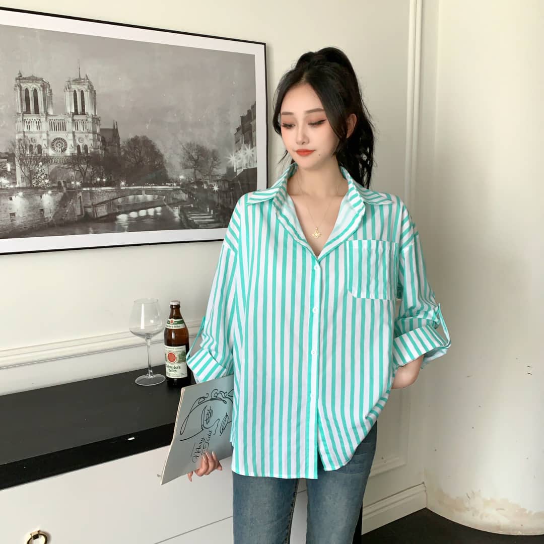Louise Striped Summer Oversized Shirt In Green