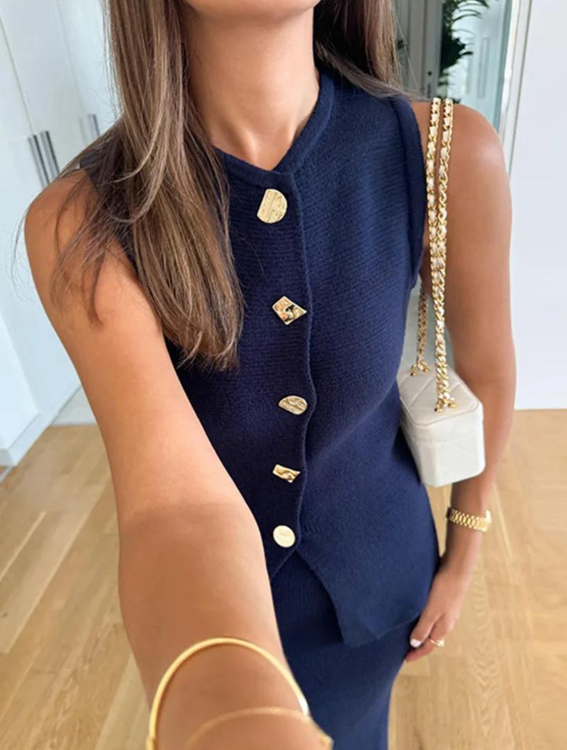 Reeny Luxe Soft Knit Coord Set -Set Of Skirt And Top In Navy Blue