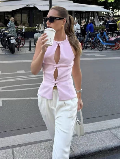 Hilton Statement Vest Knot Top In Pink