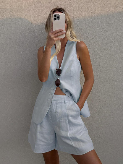 Russell Statement Linen Vest Coord Set In Blue
