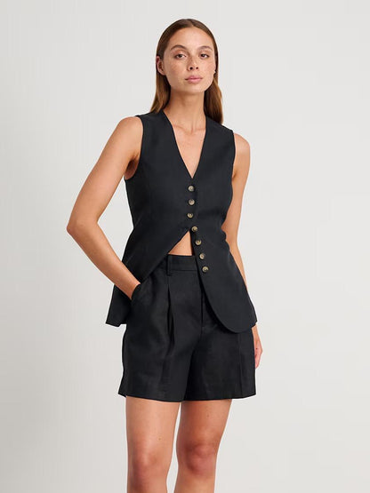 Russell Statement Linen Vest Coord Set In Black