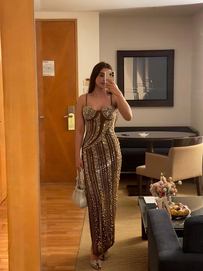Rubert Embellished Party Maxi Dress in Beige