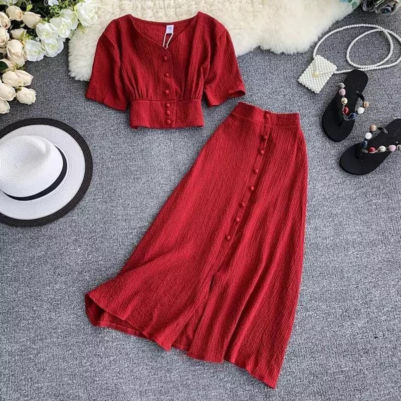 Roger Buttoned Coord Sets In Red