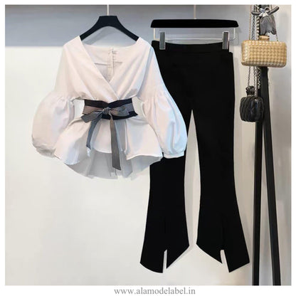 Luxury Bubble Sleeve Top with Pants - White