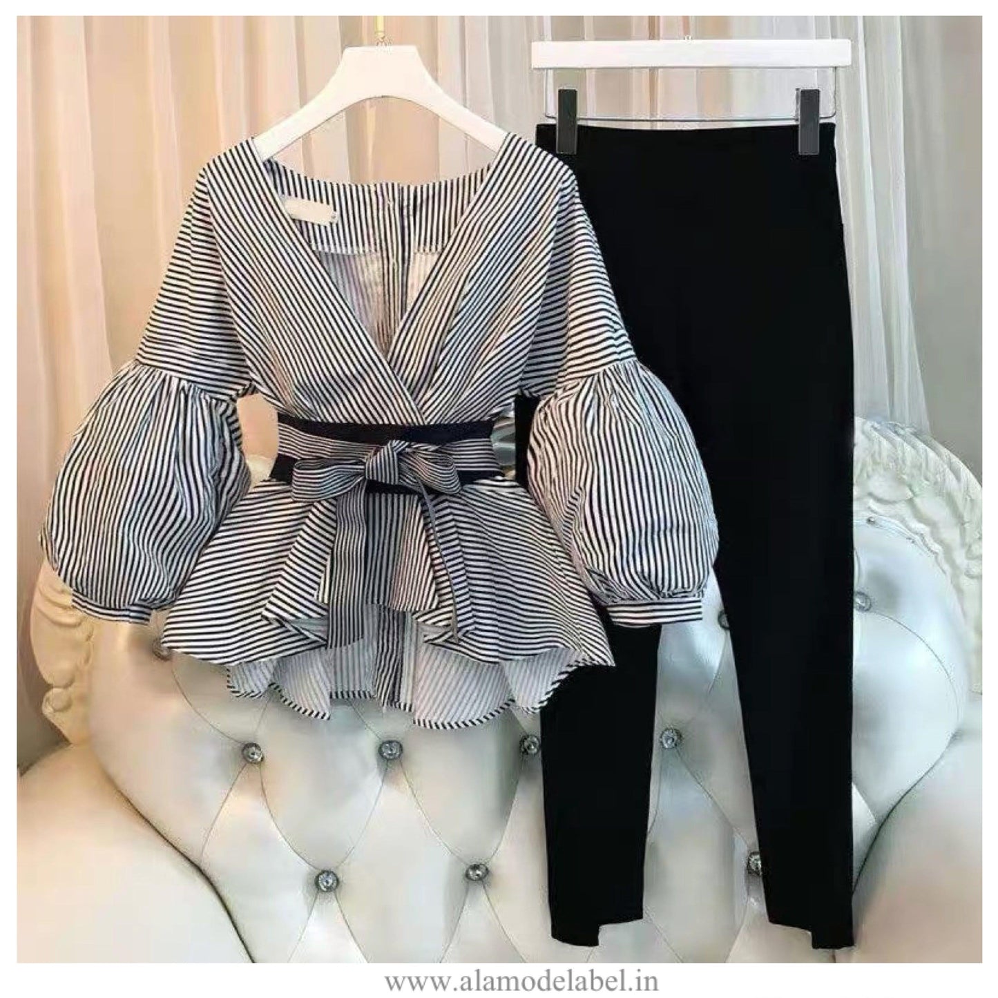 Luxury Bubble Sleeve Top with Pants - Striped
