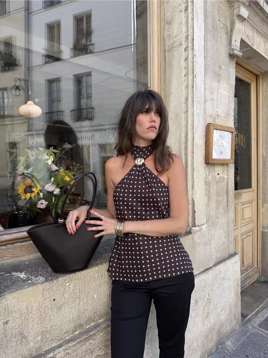 Gabrielle Top With Attached Scarf In Brown