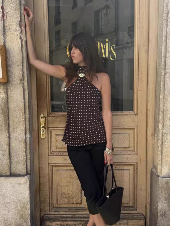Gabrielle Top With Attached Scarf In Brown